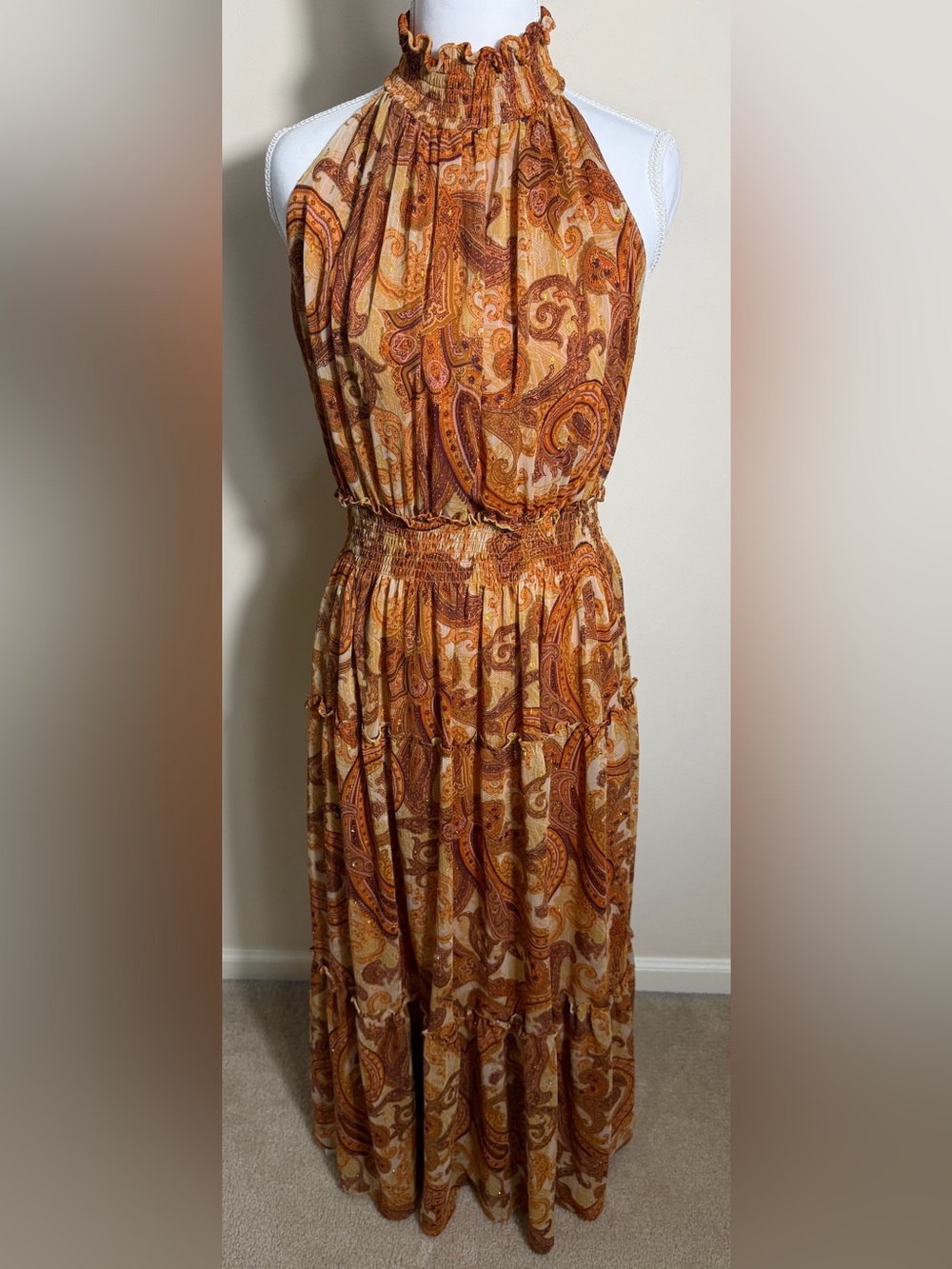 Taylor Maxi Dress with Halter Top Elastic Waist Paisley Print Fall Colors Size 6